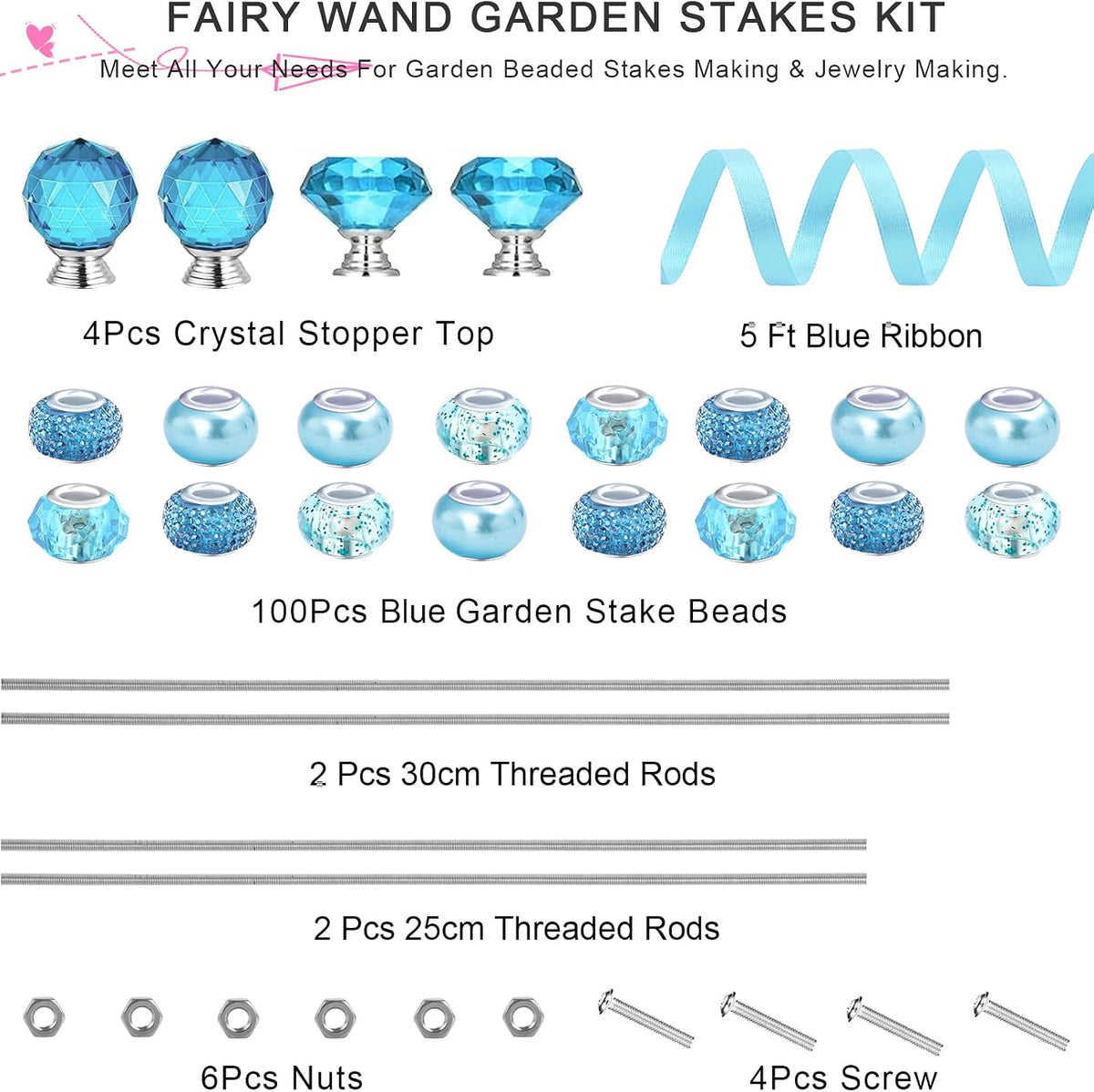 119 Pcs Garden Stake DIY Fairy Wand Plant Stake with Purple Large Hole Beads Crystal Diamond Stopper Top 4 Stainless Steel Threaded Rod Beaded Garden Stakes for Outdoor Indoor Yard Patio Decorations