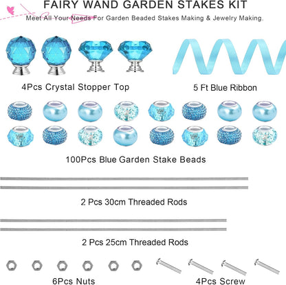 119 Pcs Garden Stake DIY Fairy Wand Plant Stake with Purple Large Hole Beads Crystal Diamond Stopper Top 4 Stainless Steel Threaded Rod Beaded Garden Stakes for Outdoor Indoor Yard Patio Decorations