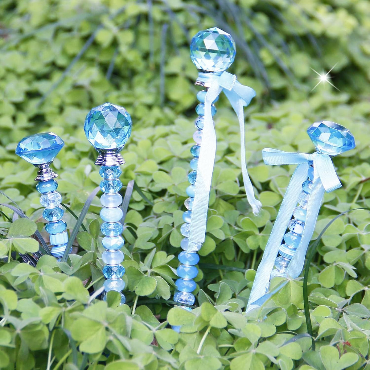 119 Pcs Garden Stake DIY Fairy Wand Plant Stake with Purple Large Hole Beads Crystal Diamond Stopper Top 4 Stainless Steel Threaded Rod Beaded Garden Stakes for Outdoor Indoor Yard Patio Decorations