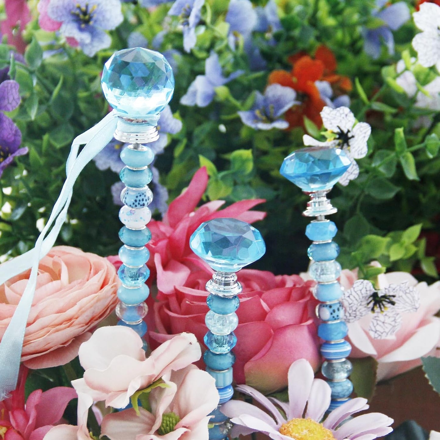 119 Pcs Garden Stake DIY Fairy Wand Plant Stake with Purple Large Hole Beads Crystal Diamond Stopper Top 4 Stainless Steel Threaded Rod Beaded Garden Stakes for Outdoor Indoor Yard Patio Decorations