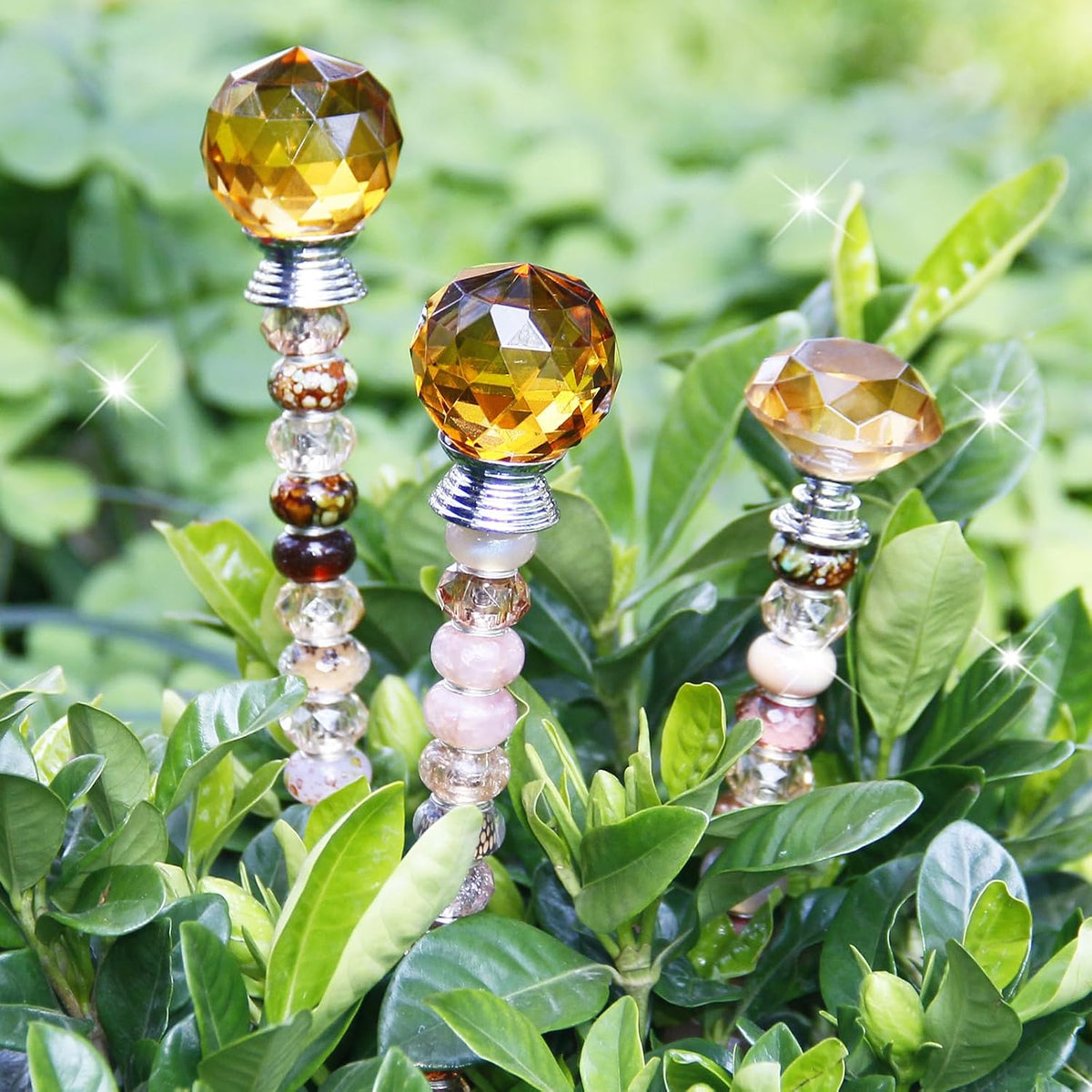 119 Pcs Garden Stake DIY Fairy Wand Plant Stake with Purple Large Hole Beads Crystal Diamond Stopper Top 4 Stainless Steel Threaded Rod Beaded Garden Stakes for Outdoor Indoor Yard Patio Decorations