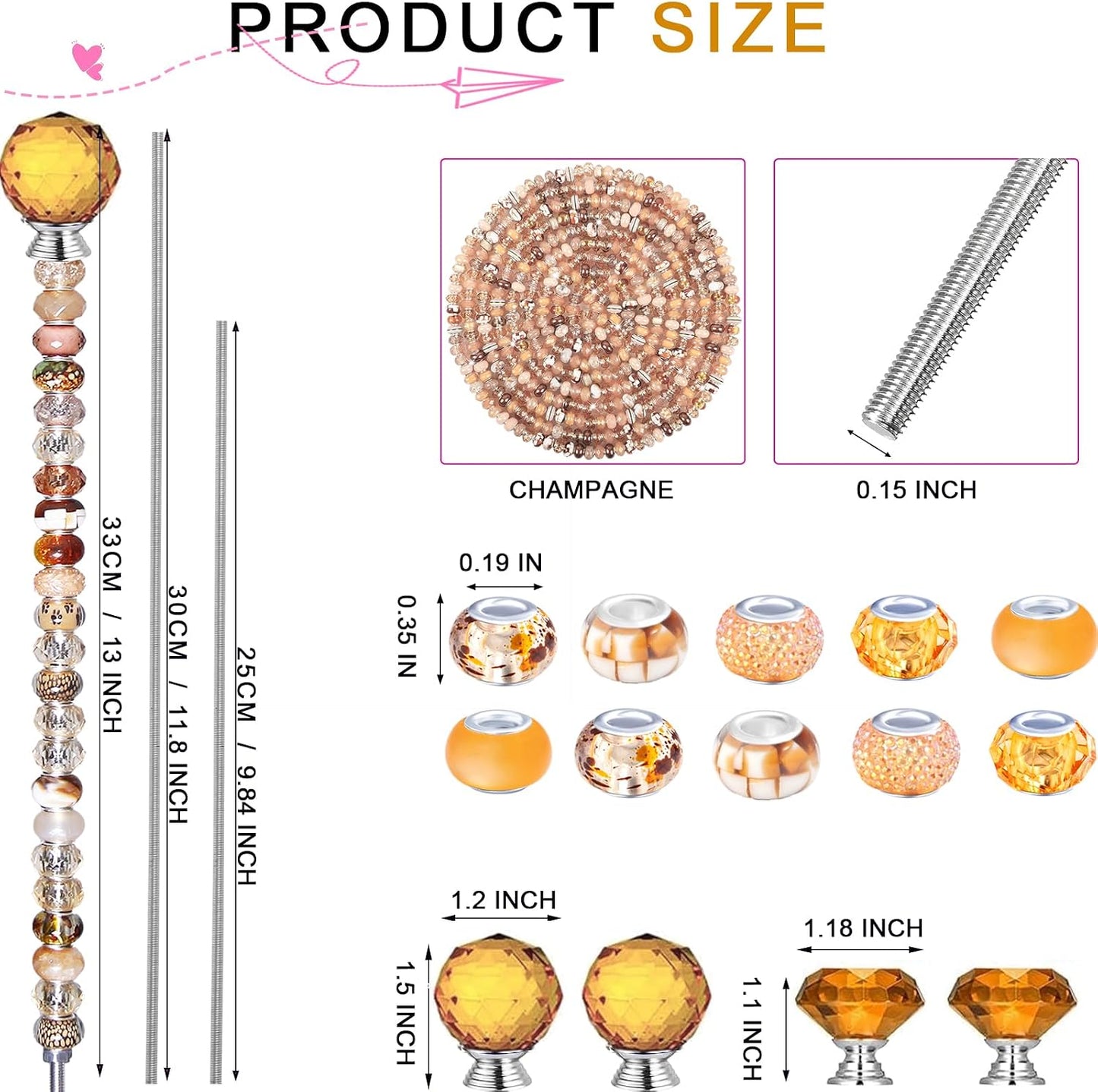 119 Pcs Garden Stake DIY Fairy Wand Plant Stake with Purple Large Hole Beads Crystal Diamond Stopper Top 4 Stainless Steel Threaded Rod Beaded Garden Stakes for Outdoor Indoor Yard Patio Decorations