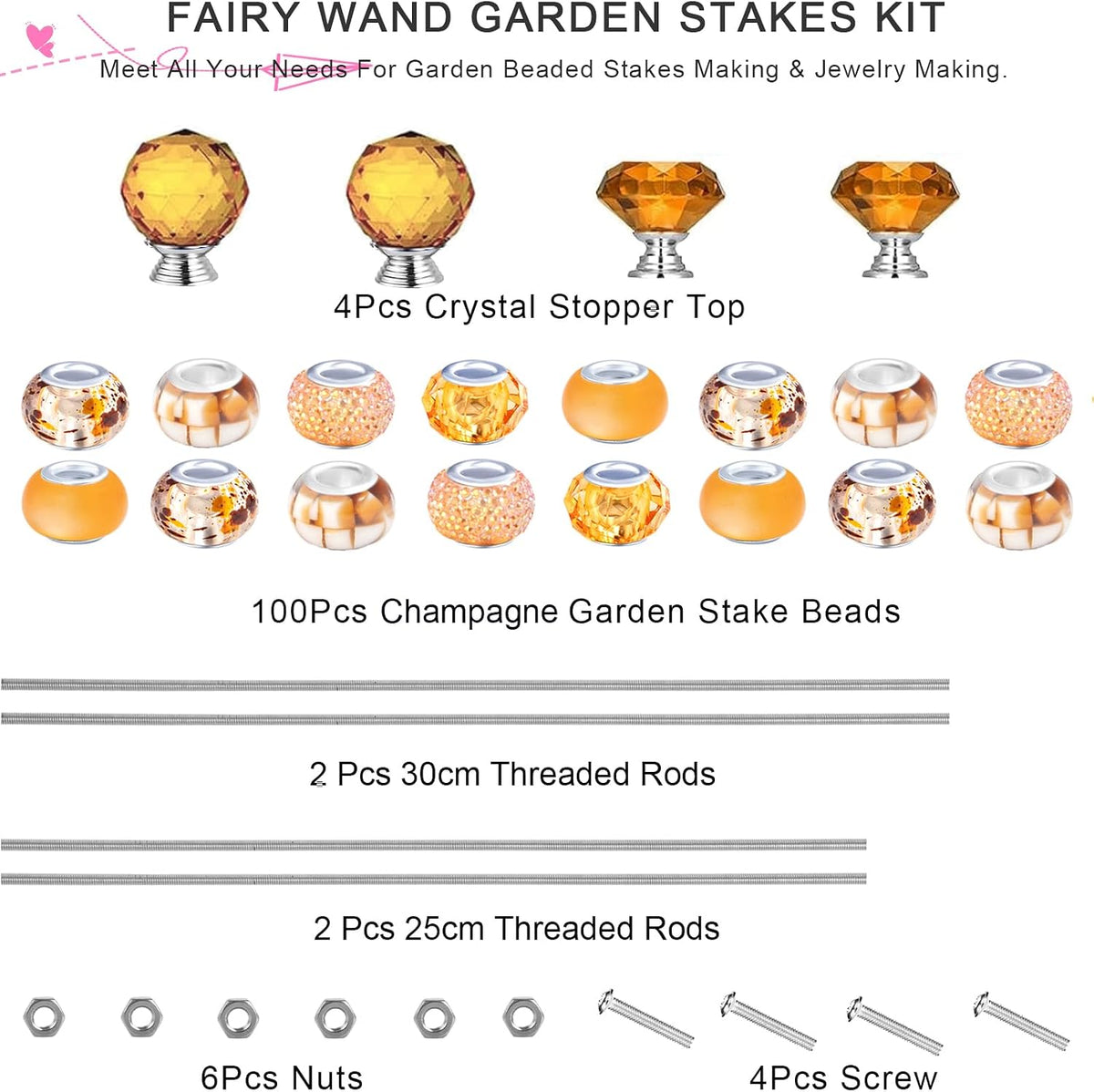 119 Pcs Garden Stake DIY Fairy Wand Plant Stake with Purple Large Hole Beads Crystal Diamond Stopper Top 4 Stainless Steel Threaded Rod Beaded Garden Stakes for Outdoor Indoor Yard Patio Decorations