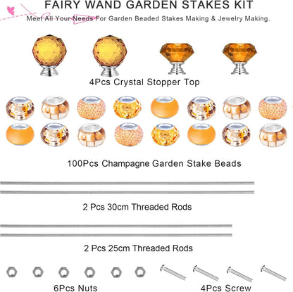 119 Pcs Garden Stake DIY Fairy Wand Plant Stake with Purple Large Hole Beads Crystal Diamond Stopper Top 4 Stainless Steel Threaded Rod Beaded Garden Stakes for Outdoor Indoor Yard Patio Decorations