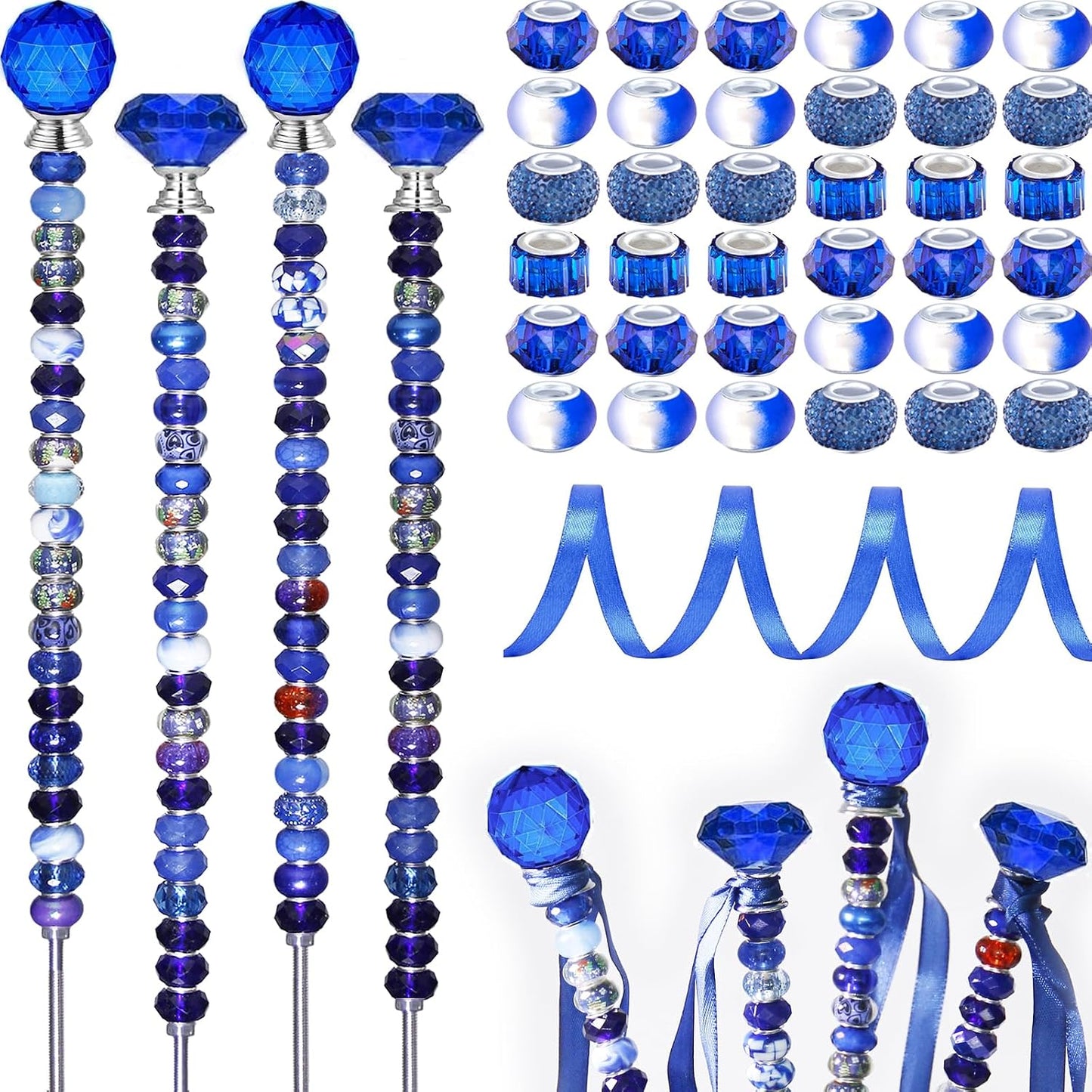119 Pcs Garden Stake DIY Fairy Wand Plant Stake with Purple Large Hole Beads Crystal Diamond Stopper Top 4 Stainless Steel Threaded Rod Beaded Garden Stakes for Outdoor Indoor Yard Patio Decorations