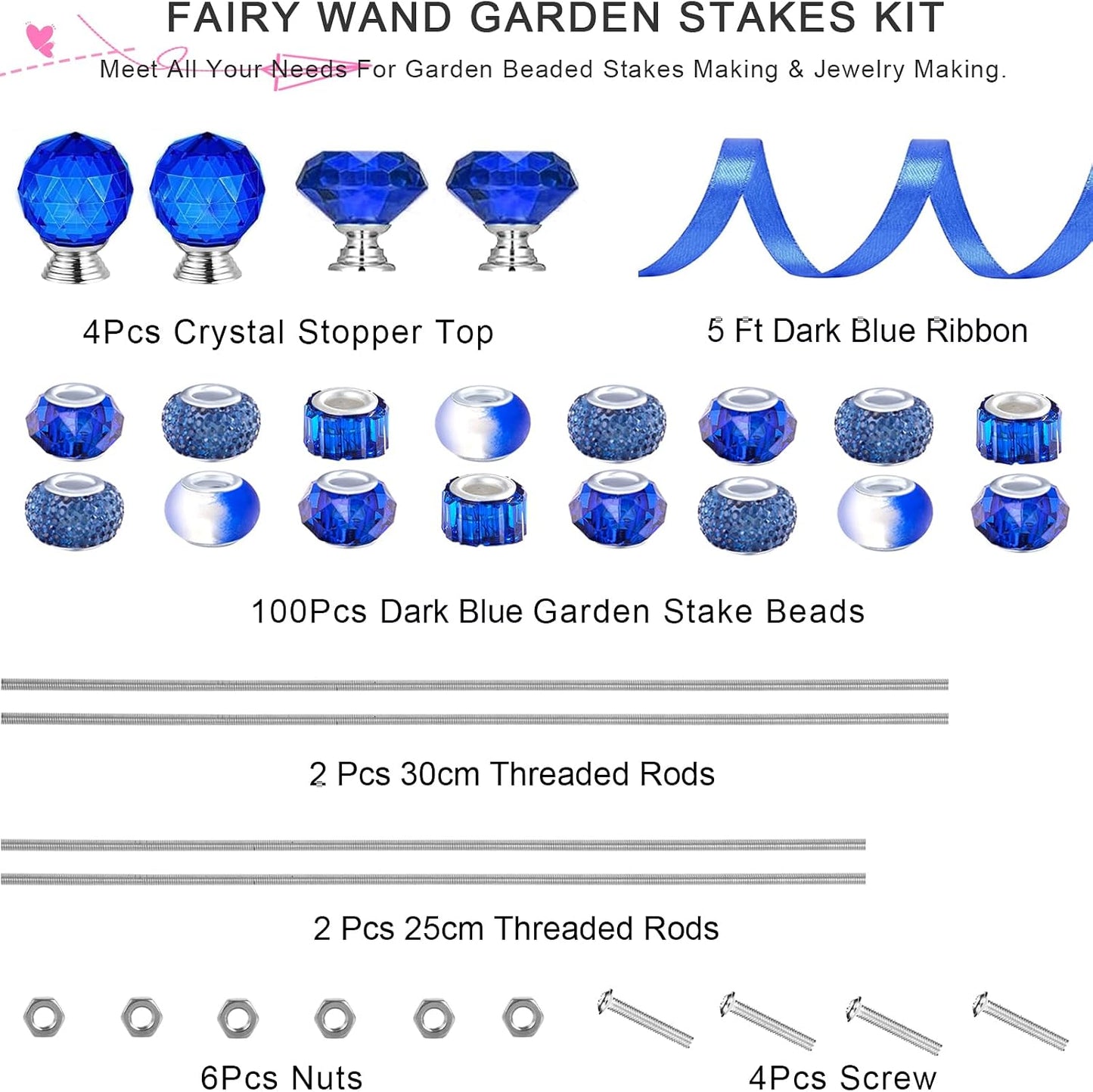 119 Pcs Garden Stake DIY Fairy Wand Plant Stake with Purple Large Hole Beads Crystal Diamond Stopper Top 4 Stainless Steel Threaded Rod Beaded Garden Stakes for Outdoor Indoor Yard Patio Decorations