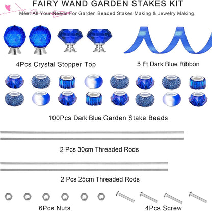 119 Pcs Garden Stake DIY Fairy Wand Plant Stake with Purple Large Hole Beads Crystal Diamond Stopper Top 4 Stainless Steel Threaded Rod Beaded Garden Stakes for Outdoor Indoor Yard Patio Decorations