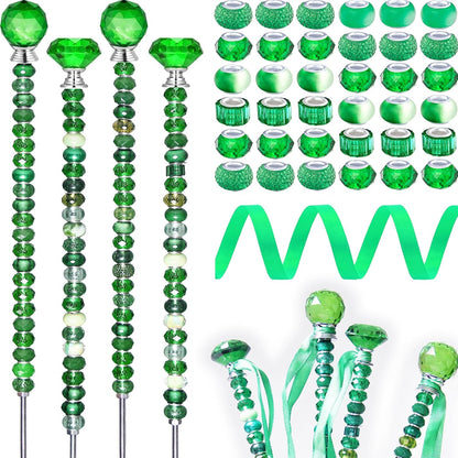 119 Pcs Garden Stake DIY Fairy Wand Plant Stake with Purple Large Hole Beads Crystal Diamond Stopper Top 4 Stainless Steel Threaded Rod Beaded Garden Stakes for Outdoor Indoor Yard Patio Decorations
