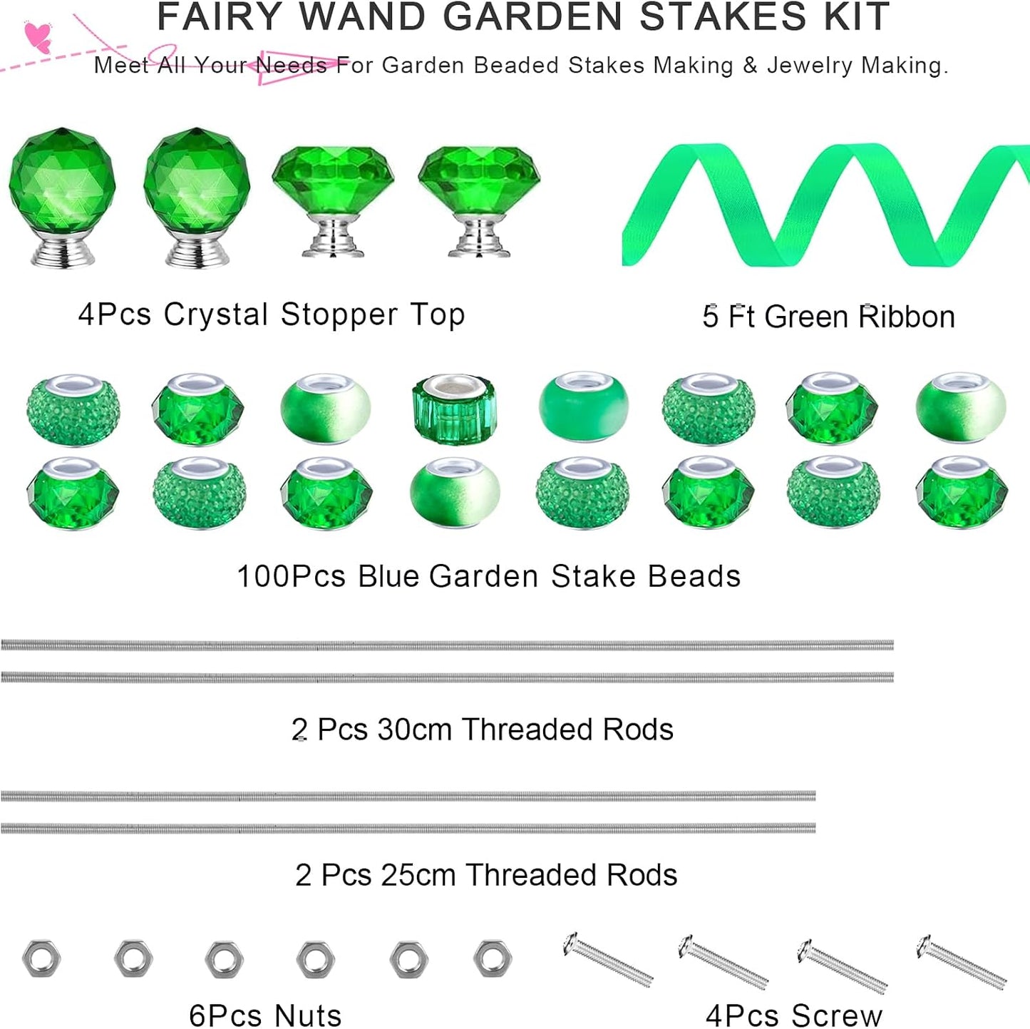 119 Pcs Garden Stake DIY Fairy Wand Plant Stake with Purple Large Hole Beads Crystal Diamond Stopper Top 4 Stainless Steel Threaded Rod Beaded Garden Stakes for Outdoor Indoor Yard Patio Decorations