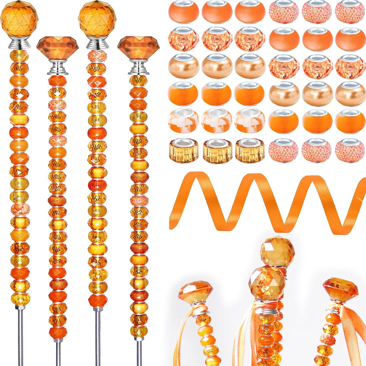 119 Pcs Garden Stake DIY Fairy Wand Plant Stake with Purple Large Hole Beads Crystal Diamond Stopper Top 4 Stainless Steel Threaded Rod Beaded Garden Stakes for Outdoor Indoor Yard Patio Decorations