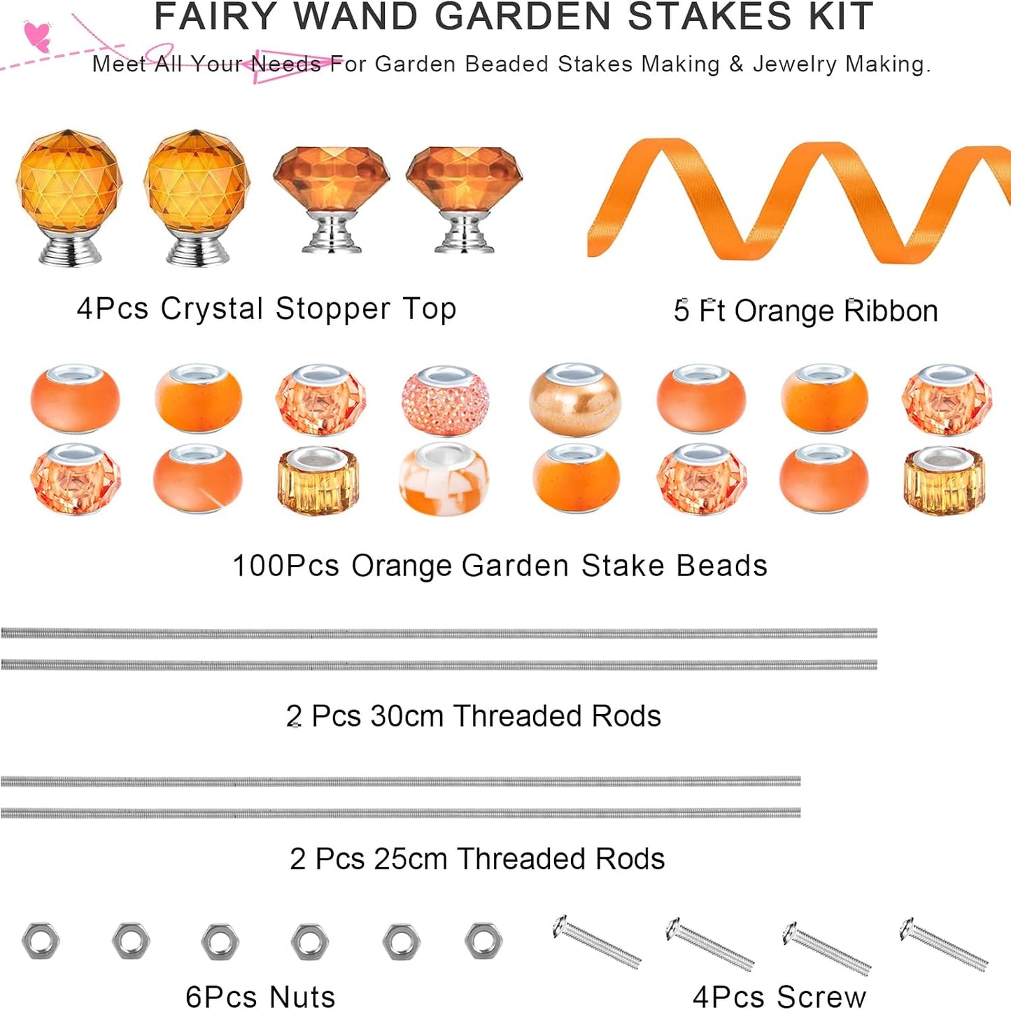 119 Pcs Garden Stake DIY Fairy Wand Plant Stake with Purple Large Hole Beads Crystal Diamond Stopper Top 4 Stainless Steel Threaded Rod Beaded Garden Stakes for Outdoor Indoor Yard Patio Decorations