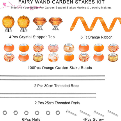 119 Pcs Garden Stake DIY Fairy Wand Plant Stake with Purple Large Hole Beads Crystal Diamond Stopper Top 4 Stainless Steel Threaded Rod Beaded Garden Stakes for Outdoor Indoor Yard Patio Decorations