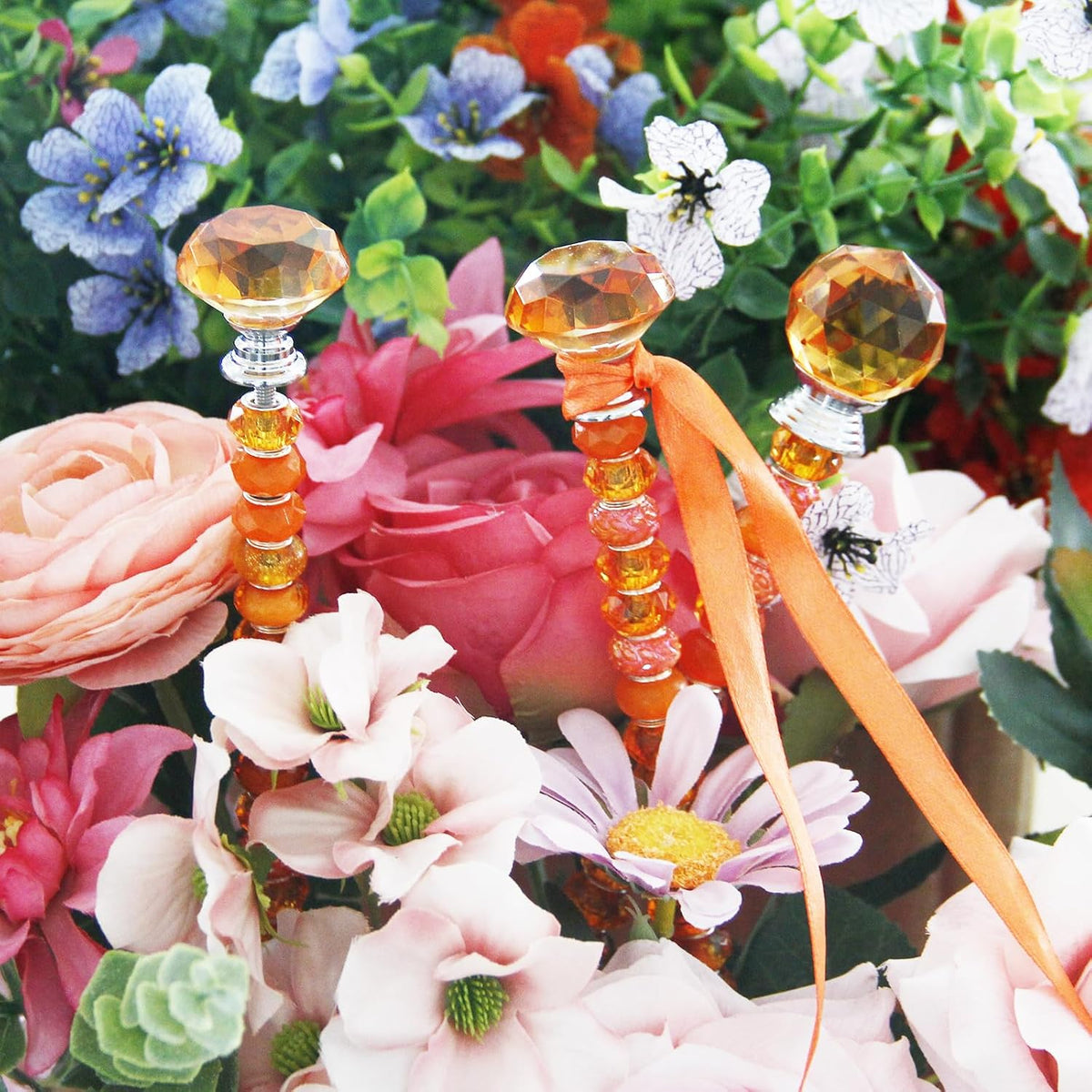 119 Pcs Garden Stake DIY Fairy Wand Plant Stake with Purple Large Hole Beads Crystal Diamond Stopper Top 4 Stainless Steel Threaded Rod Beaded Garden Stakes for Outdoor Indoor Yard Patio Decorations