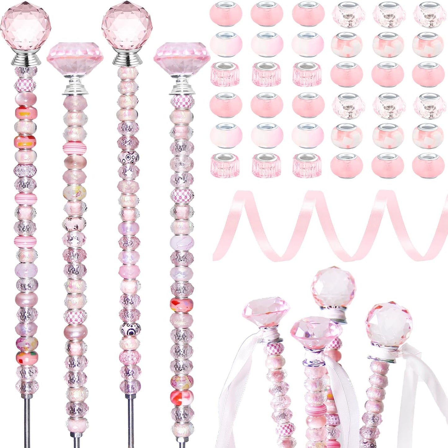 119 Pcs Garden Stake DIY Fairy Wand Plant Stake with Purple Large Hole Beads Crystal Diamond Stopper Top 4 Stainless Steel Threaded Rod Beaded Garden Stakes for Outdoor Indoor Yard Patio Decorations