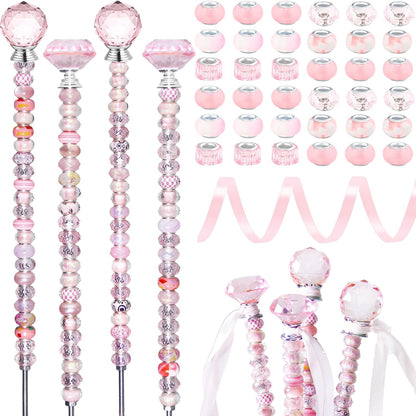 119 Pcs Garden Stake DIY Fairy Wand Plant Stake with Purple Large Hole Beads Crystal Diamond Stopper Top 4 Stainless Steel Threaded Rod Beaded Garden Stakes for Outdoor Indoor Yard Patio Decorations