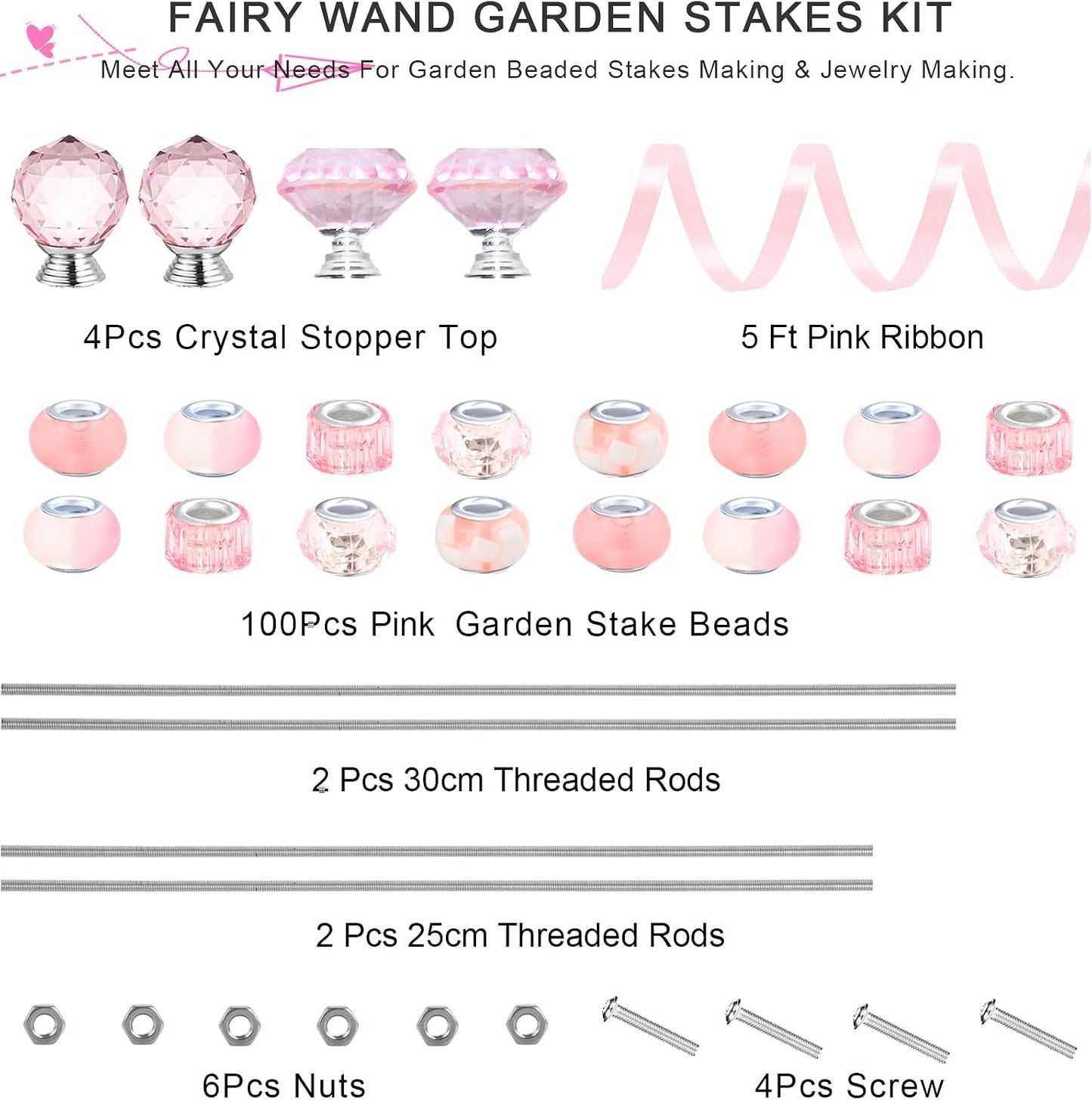119 Pcs Garden Stake DIY Fairy Wand Plant Stake with Purple Large Hole Beads Crystal Diamond Stopper Top 4 Stainless Steel Threaded Rod Beaded Garden Stakes for Outdoor Indoor Yard Patio Decorations