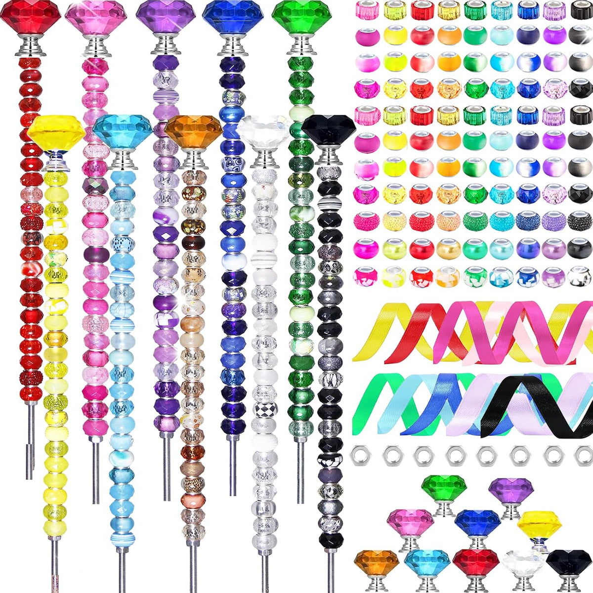 119 Pcs Garden Stake DIY Fairy Wand Plant Stake with Purple Large Hole Beads Crystal Diamond Stopper Top 4 Stainless Steel Threaded Rod Beaded Garden Stakes for Outdoor Indoor Yard Patio Decorations