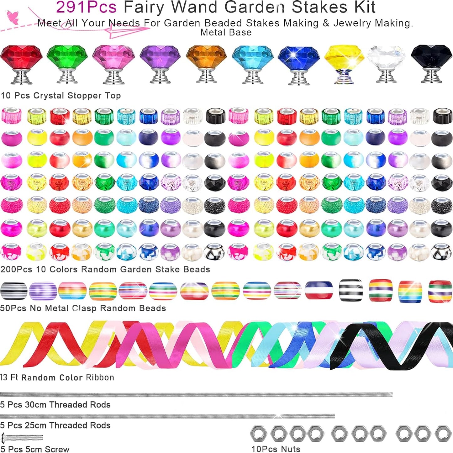 119 Pcs Garden Stake DIY Fairy Wand Plant Stake with Purple Large Hole Beads Crystal Diamond Stopper Top 4 Stainless Steel Threaded Rod Beaded Garden Stakes for Outdoor Indoor Yard Patio Decorations