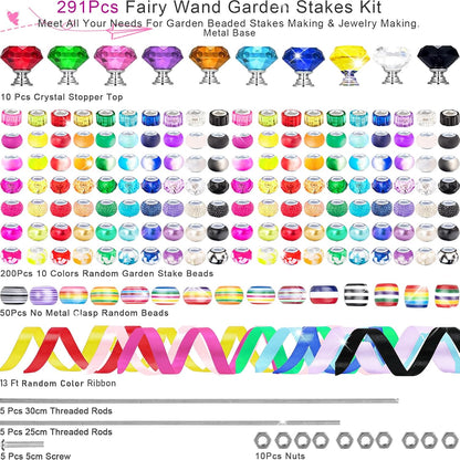 119 Pcs Garden Stake DIY Fairy Wand Plant Stake with Purple Large Hole Beads Crystal Diamond Stopper Top 4 Stainless Steel Threaded Rod Beaded Garden Stakes for Outdoor Indoor Yard Patio Decorations