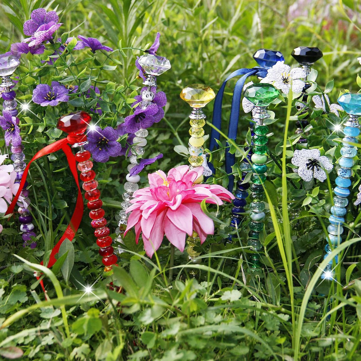 119 Pcs Garden Stake DIY Fairy Wand Plant Stake with Purple Large Hole Beads Crystal Diamond Stopper Top 4 Stainless Steel Threaded Rod Beaded Garden Stakes for Outdoor Indoor Yard Patio Decorations