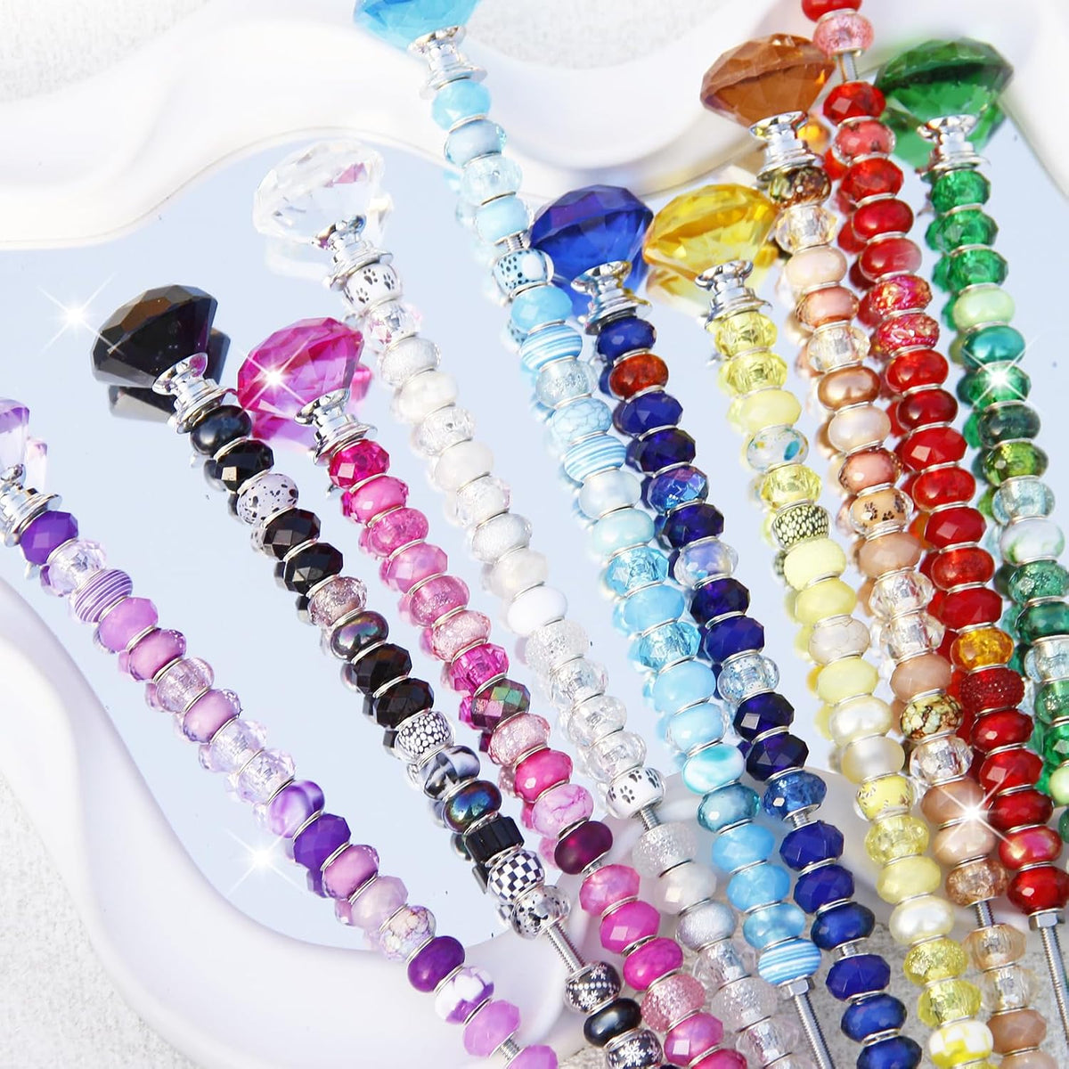 119 Pcs Garden Stake DIY Fairy Wand Plant Stake with Purple Large Hole Beads Crystal Diamond Stopper Top 4 Stainless Steel Threaded Rod Beaded Garden Stakes for Outdoor Indoor Yard Patio Decorations