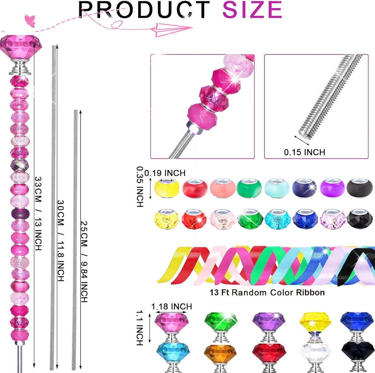 119 Pcs Garden Stake DIY Fairy Wand Plant Stake with Purple Large Hole Beads Crystal Diamond Stopper Top 4 Stainless Steel Threaded Rod Beaded Garden Stakes for Outdoor Indoor Yard Patio Decorations