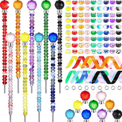 119 Pcs Garden Stake DIY Fairy Wand Plant Stake with Purple Large Hole Beads Crystal Diamond Stopper Top 4 Stainless Steel Threaded Rod Beaded Garden Stakes for Outdoor Indoor Yard Patio Decorations