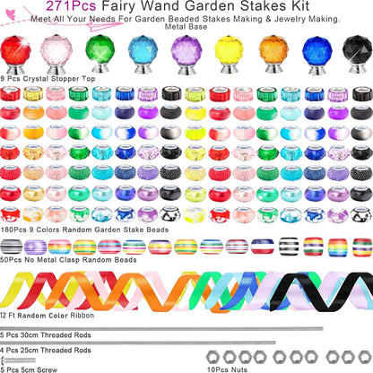 119 Pcs Garden Stake DIY Fairy Wand Plant Stake with Purple Large Hole Beads Crystal Diamond Stopper Top 4 Stainless Steel Threaded Rod Beaded Garden Stakes for Outdoor Indoor Yard Patio Decorations