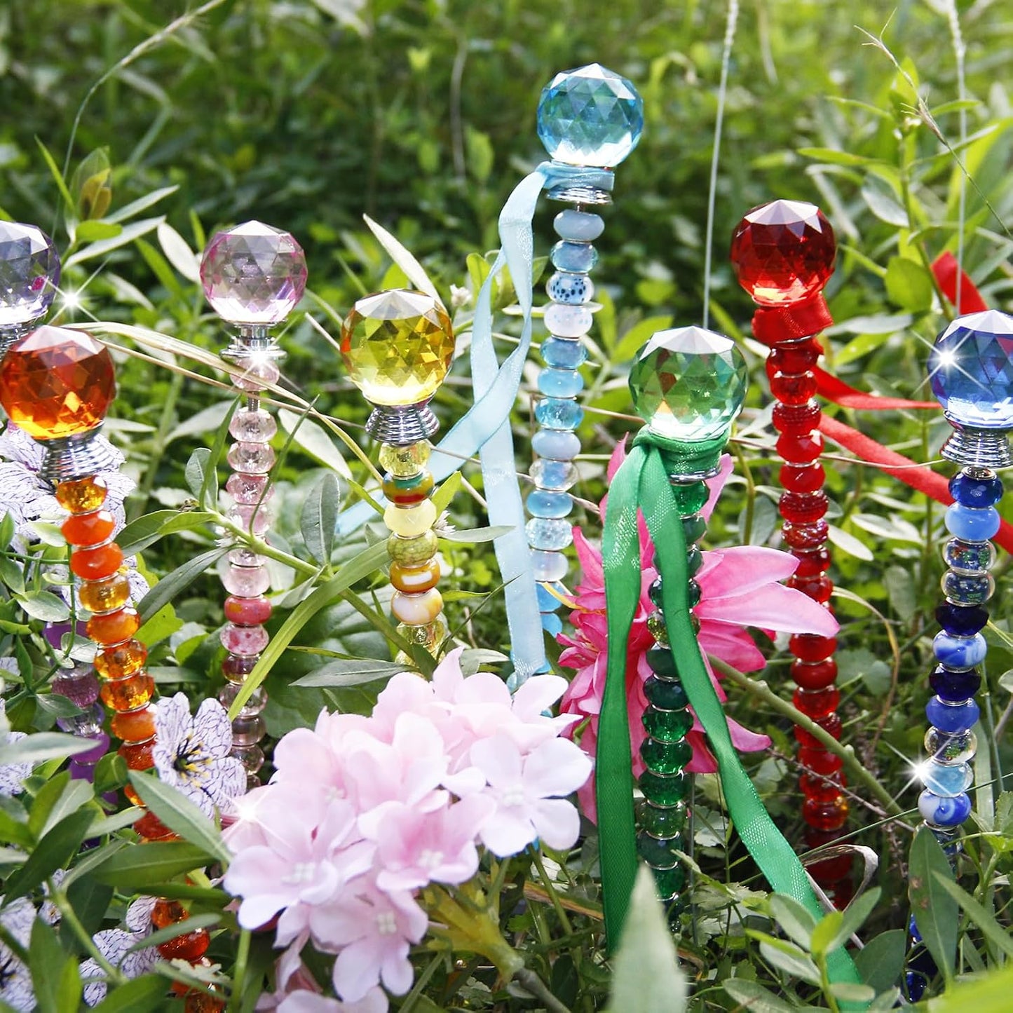 119 Pcs Garden Stake DIY Fairy Wand Plant Stake with Purple Large Hole Beads Crystal Diamond Stopper Top 4 Stainless Steel Threaded Rod Beaded Garden Stakes for Outdoor Indoor Yard Patio Decorations