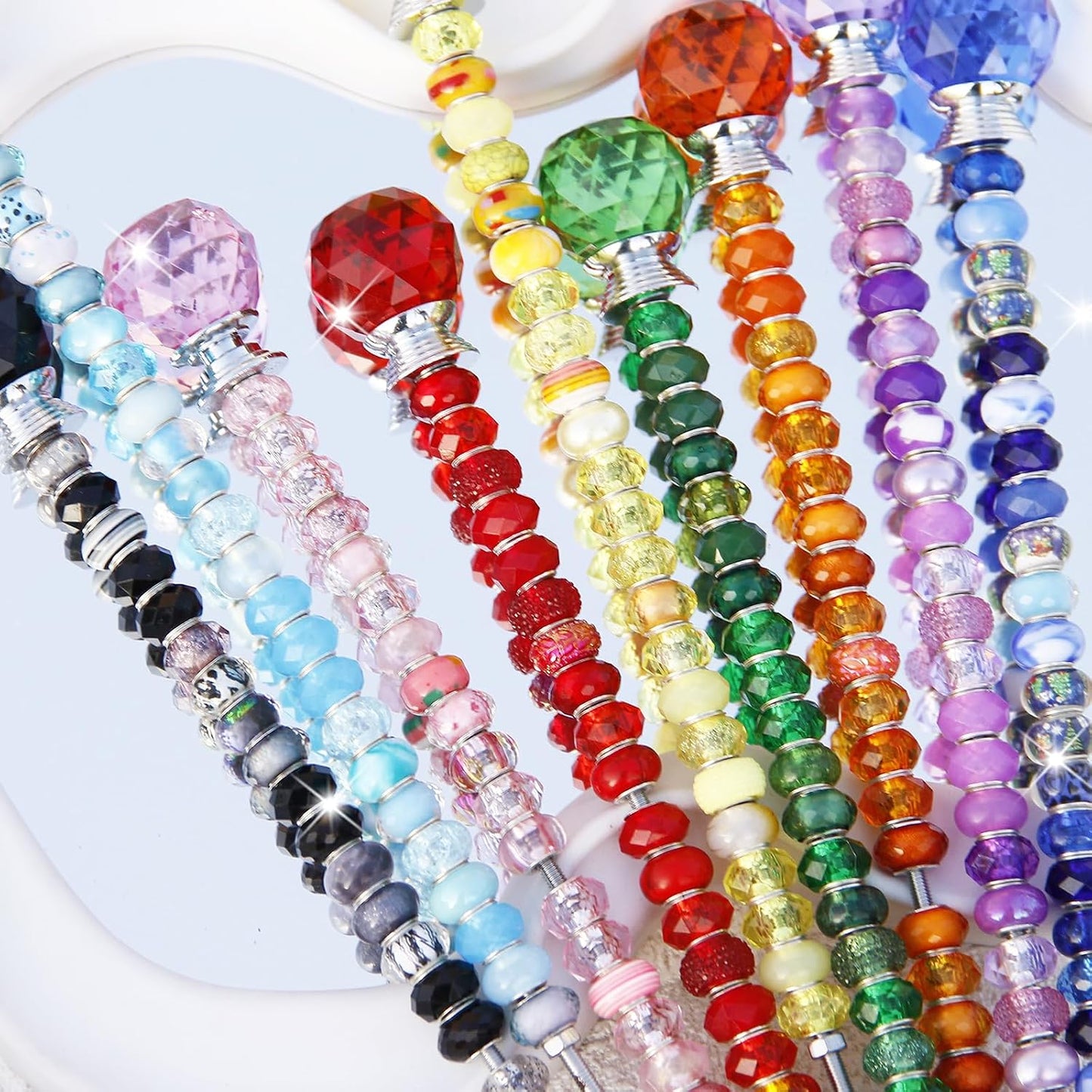 119 Pcs Garden Stake DIY Fairy Wand Plant Stake with Purple Large Hole Beads Crystal Diamond Stopper Top 4 Stainless Steel Threaded Rod Beaded Garden Stakes for Outdoor Indoor Yard Patio Decorations