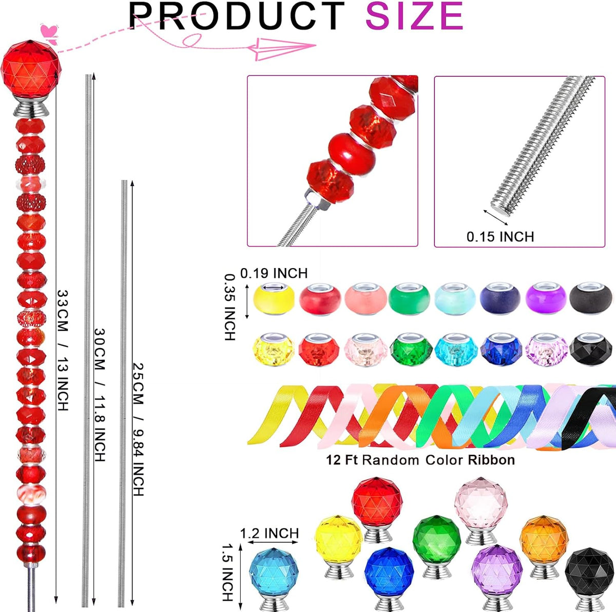 119 Pcs Garden Stake DIY Fairy Wand Plant Stake with Purple Large Hole Beads Crystal Diamond Stopper Top 4 Stainless Steel Threaded Rod Beaded Garden Stakes for Outdoor Indoor Yard Patio Decorations