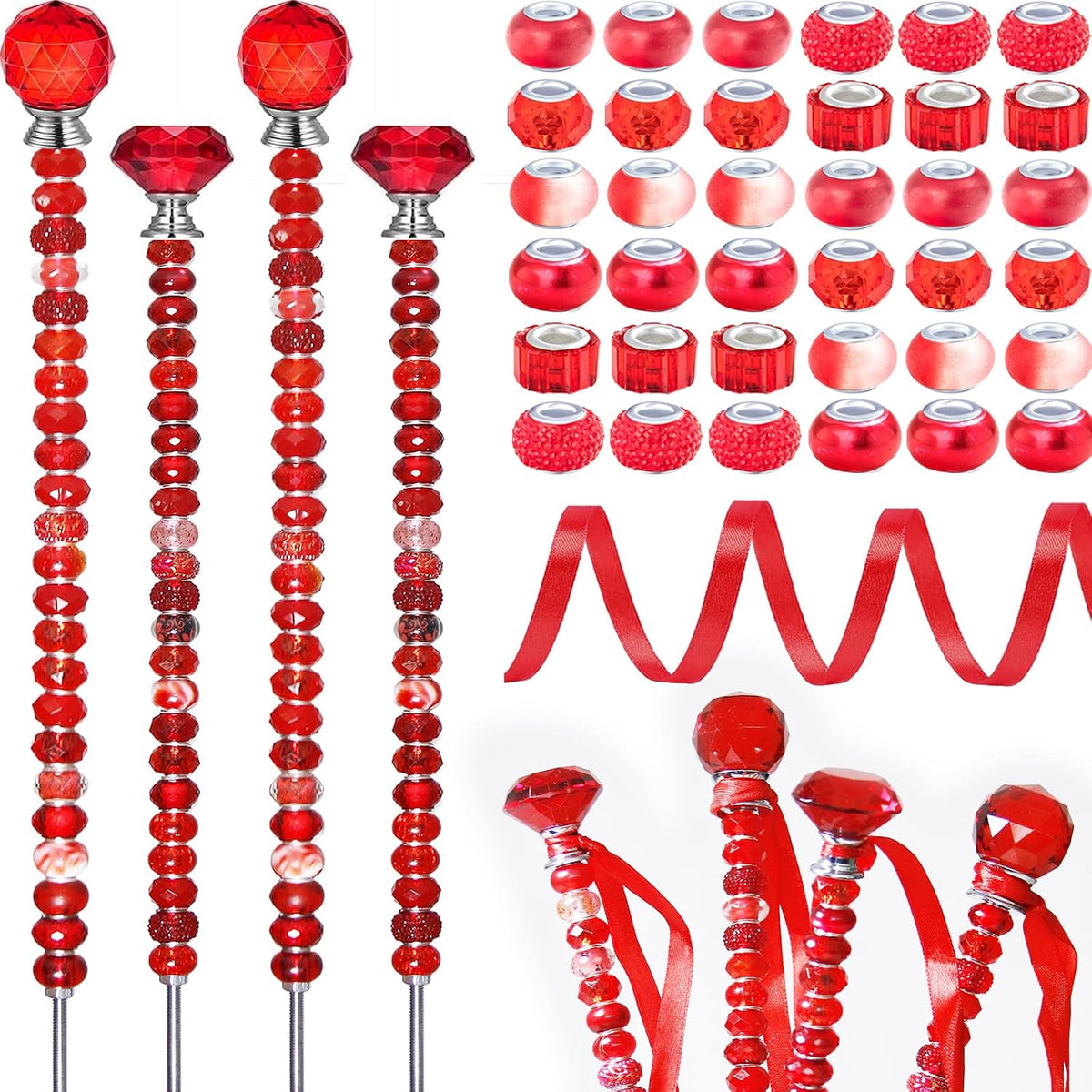 119 Pcs Garden Stake DIY Fairy Wand Plant Stake with Purple Large Hole Beads Crystal Diamond Stopper Top 4 Stainless Steel Threaded Rod Beaded Garden Stakes for Outdoor Indoor Yard Patio Decorations