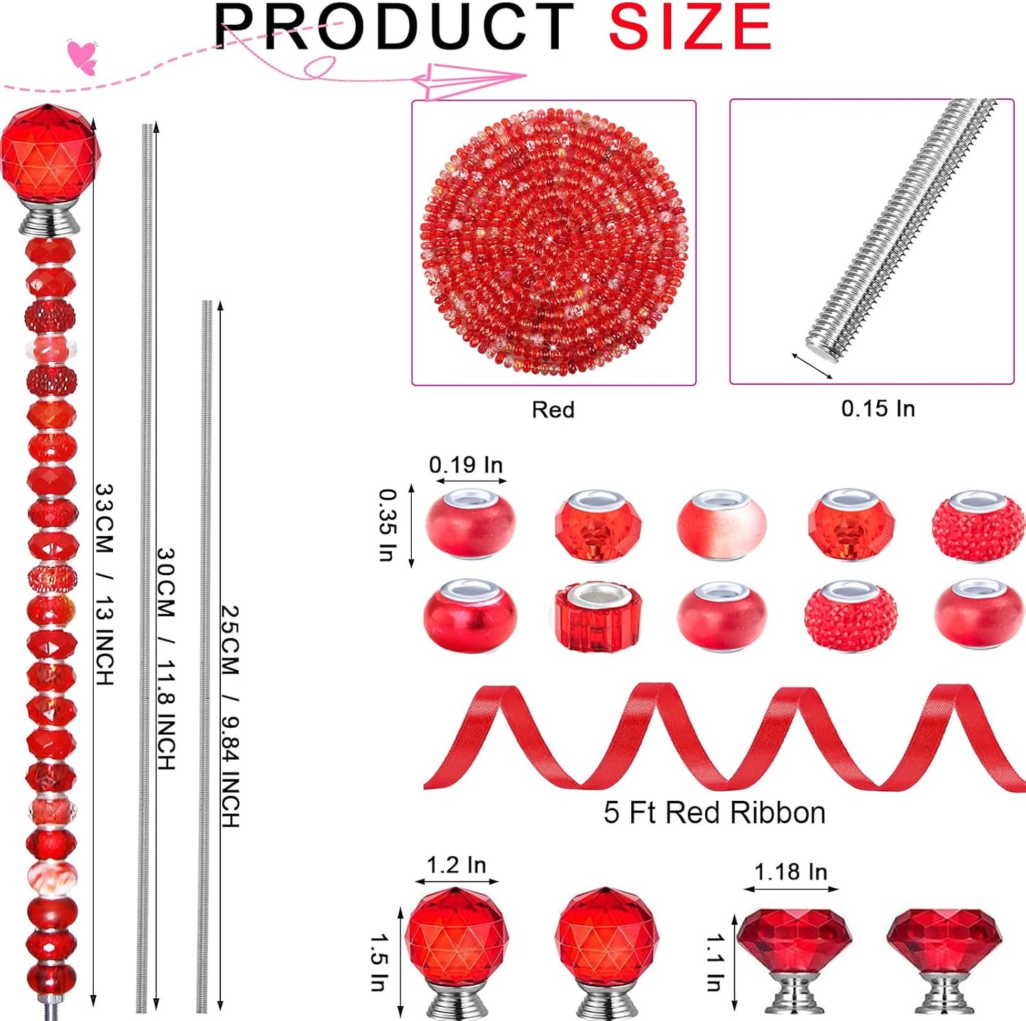 119 Pcs Garden Stake DIY Fairy Wand Plant Stake with Purple Large Hole Beads Crystal Diamond Stopper Top 4 Stainless Steel Threaded Rod Beaded Garden Stakes for Outdoor Indoor Yard Patio Decorations