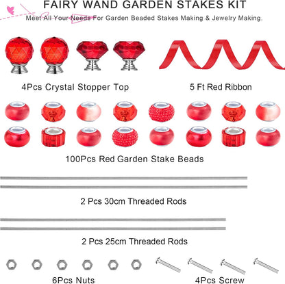 119 Pcs Garden Stake DIY Fairy Wand Plant Stake with Purple Large Hole Beads Crystal Diamond Stopper Top 4 Stainless Steel Threaded Rod Beaded Garden Stakes for Outdoor Indoor Yard Patio Decorations