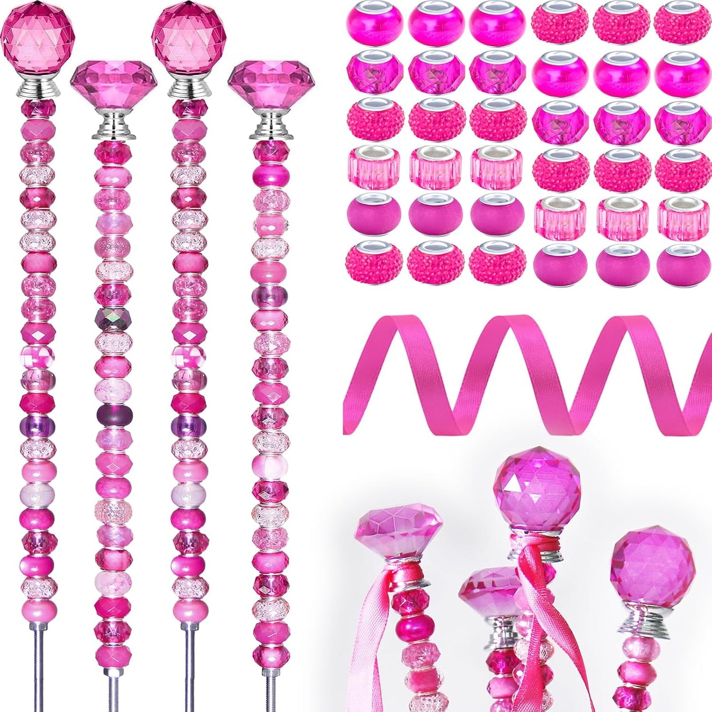119 Pcs Garden Stake DIY Fairy Wand Plant Stake with Purple Large Hole Beads Crystal Diamond Stopper Top 4 Stainless Steel Threaded Rod Beaded Garden Stakes for Outdoor Indoor Yard Patio Decorations