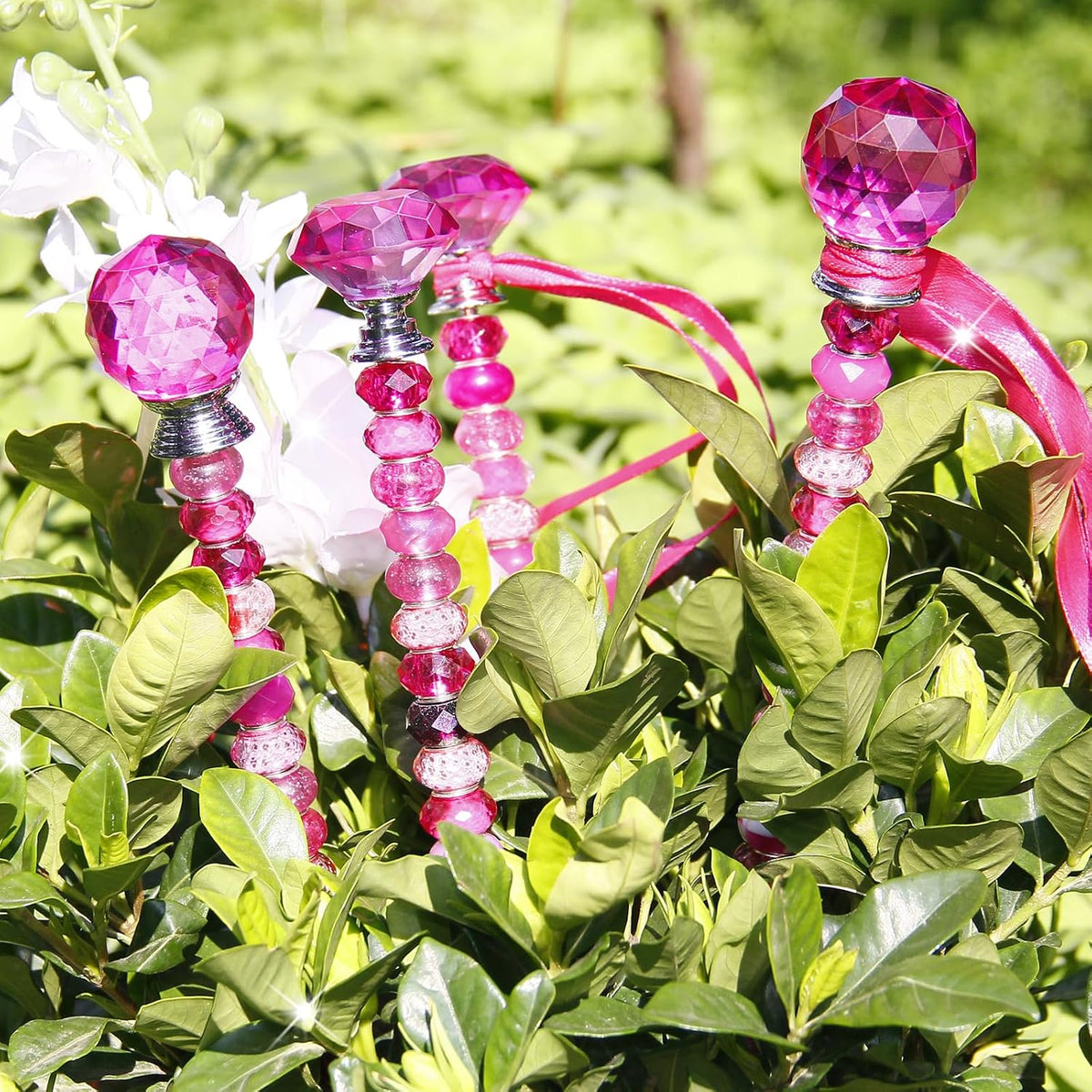 119 Pcs Garden Stake DIY Fairy Wand Plant Stake with Purple Large Hole Beads Crystal Diamond Stopper Top 4 Stainless Steel Threaded Rod Beaded Garden Stakes for Outdoor Indoor Yard Patio Decorations