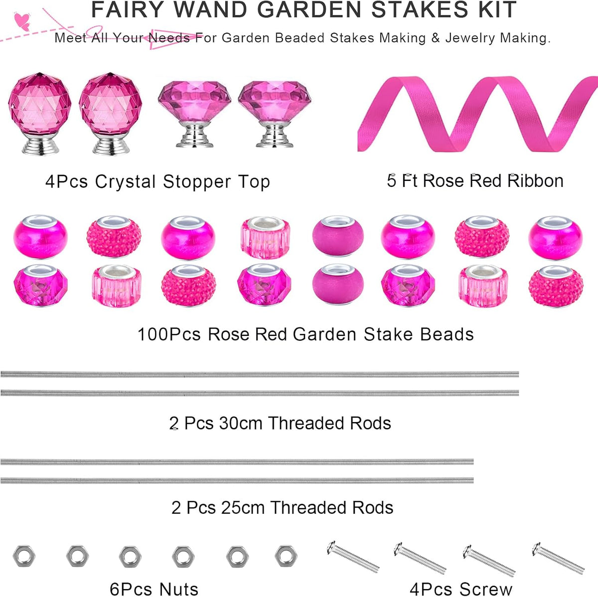 119 Pcs Garden Stake DIY Fairy Wand Plant Stake with Purple Large Hole Beads Crystal Diamond Stopper Top 4 Stainless Steel Threaded Rod Beaded Garden Stakes for Outdoor Indoor Yard Patio Decorations