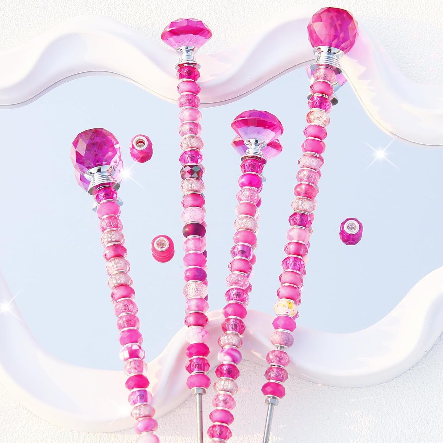 119 Pcs Garden Stake DIY Fairy Wand Plant Stake with Purple Large Hole Beads Crystal Diamond Stopper Top 4 Stainless Steel Threaded Rod Beaded Garden Stakes for Outdoor Indoor Yard Patio Decorations