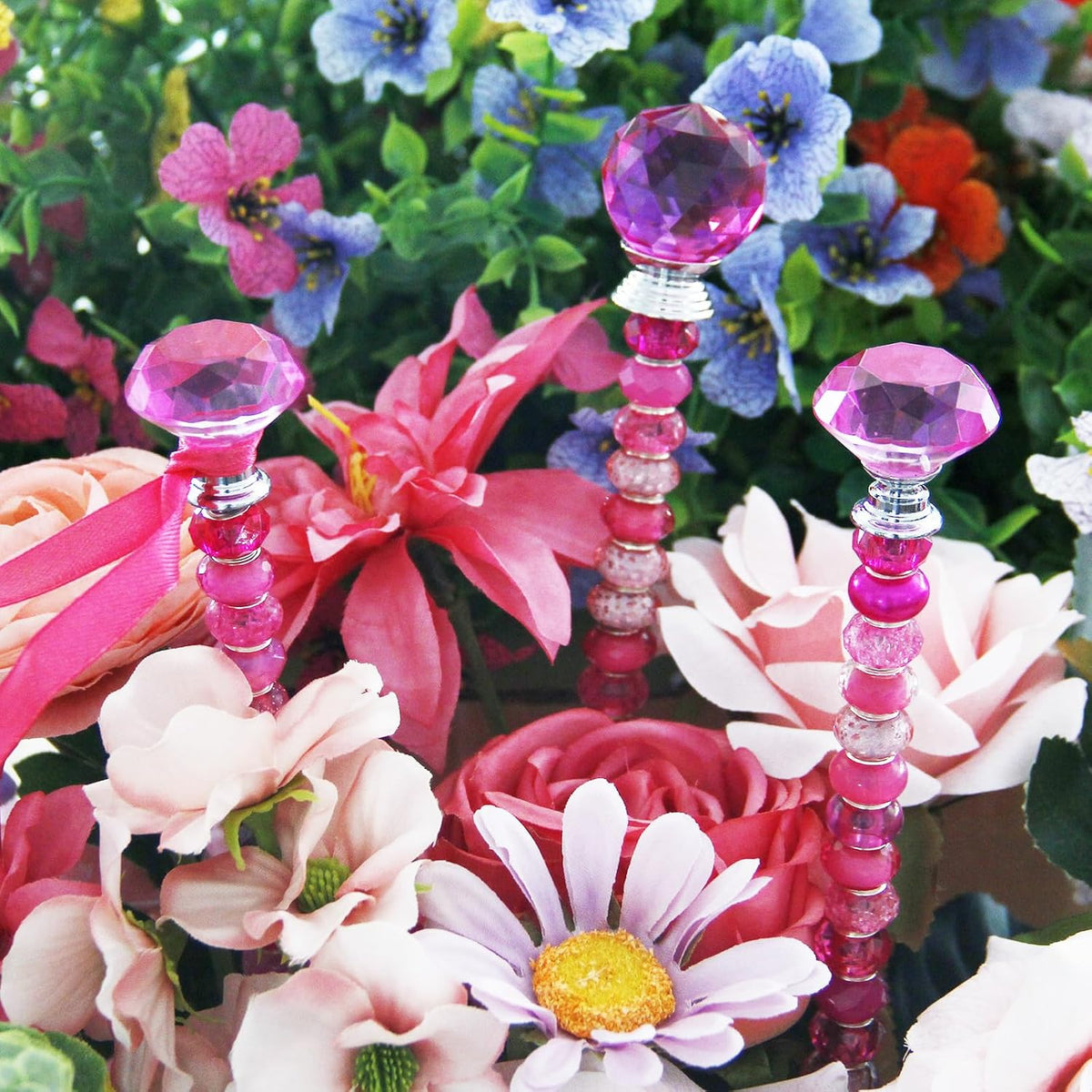 119 Pcs Garden Stake DIY Fairy Wand Plant Stake with Purple Large Hole Beads Crystal Diamond Stopper Top 4 Stainless Steel Threaded Rod Beaded Garden Stakes for Outdoor Indoor Yard Patio Decorations