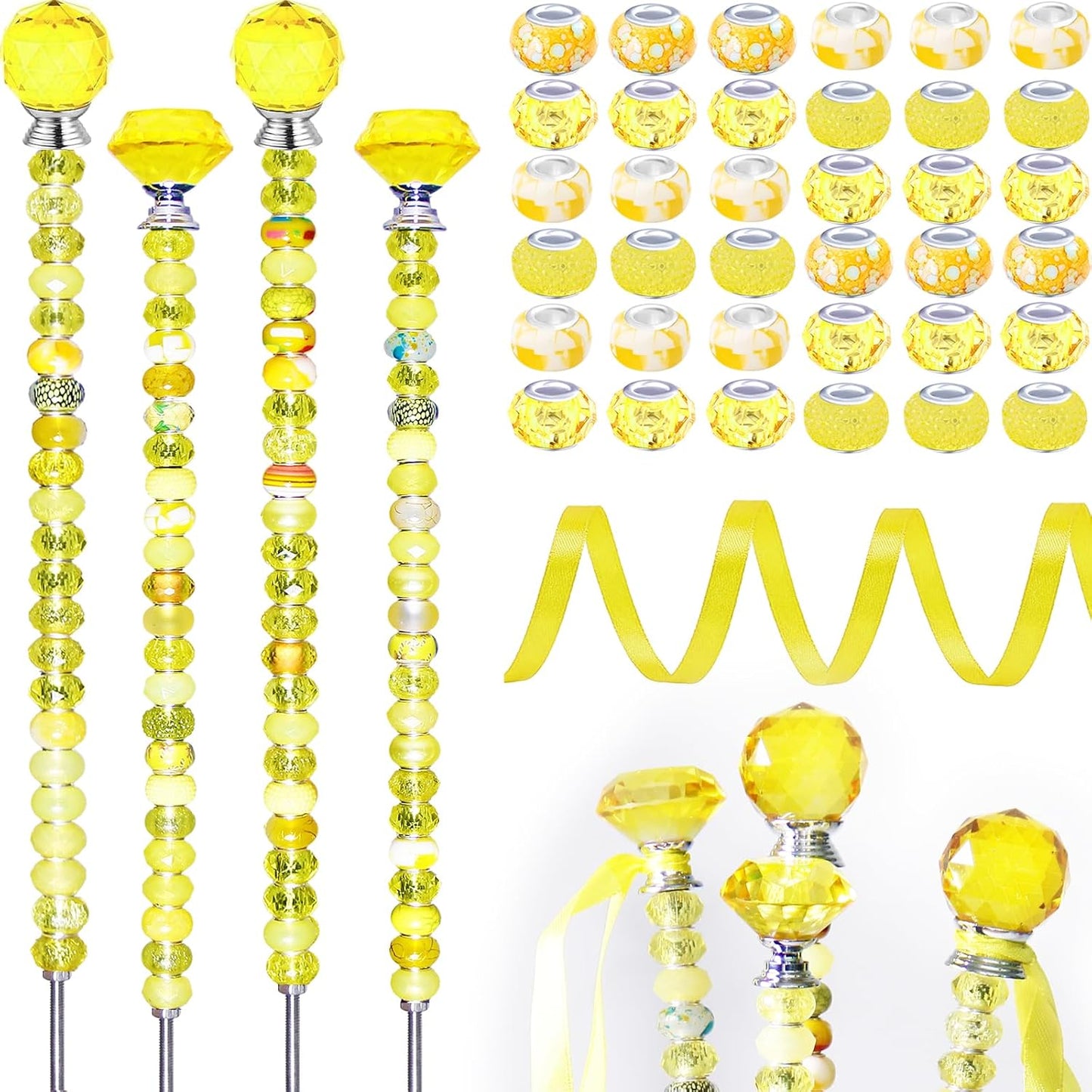 119 Pcs Garden Stake DIY Fairy Wand Plant Stake with Purple Large Hole Beads Crystal Diamond Stopper Top 4 Stainless Steel Threaded Rod Beaded Garden Stakes for Outdoor Indoor Yard Patio Decorations