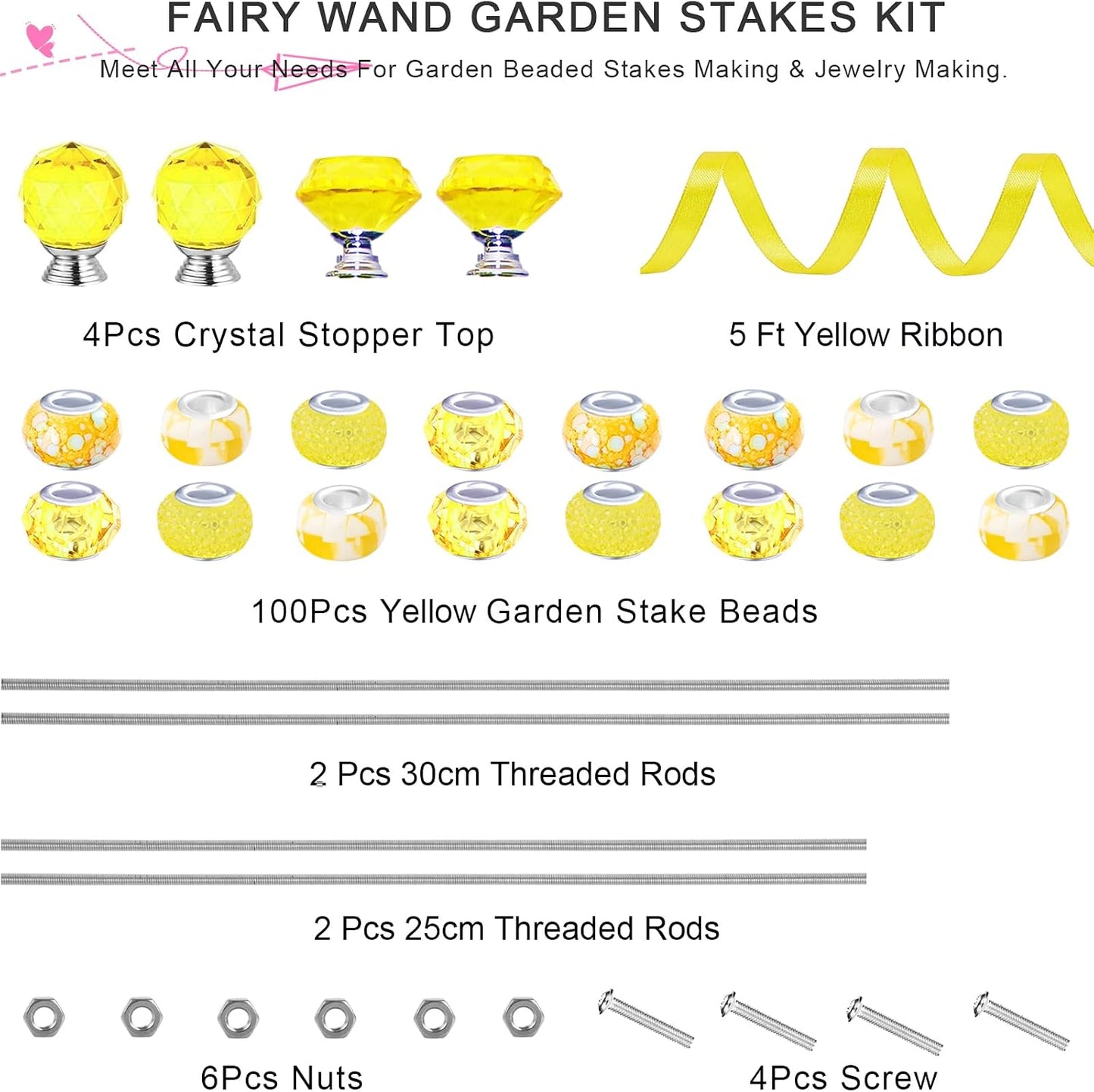 119 Pcs Garden Stake DIY Fairy Wand Plant Stake with Purple Large Hole Beads Crystal Diamond Stopper Top 4 Stainless Steel Threaded Rod Beaded Garden Stakes for Outdoor Indoor Yard Patio Decorations