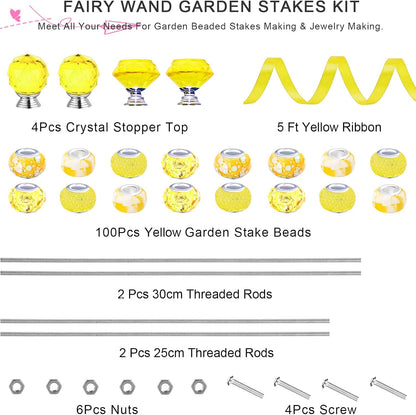 119 Pcs Garden Stake DIY Fairy Wand Plant Stake with Purple Large Hole Beads Crystal Diamond Stopper Top 4 Stainless Steel Threaded Rod Beaded Garden Stakes for Outdoor Indoor Yard Patio Decorations
