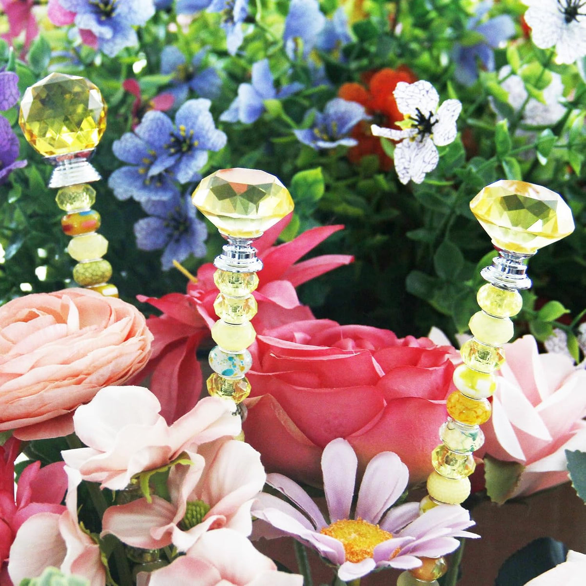 119 Pcs Garden Stake DIY Fairy Wand Plant Stake with Purple Large Hole Beads Crystal Diamond Stopper Top 4 Stainless Steel Threaded Rod Beaded Garden Stakes for Outdoor Indoor Yard Patio Decorations