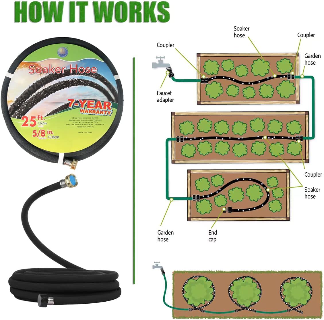 25ft Soaker Hose 5/8"Garden Drip Hoses Heavy Duty Irrigation（25ft）