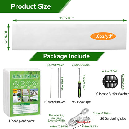 10 FT x 33 FT Plant Covers Freeze Protection kit - 1.8 oz/yd² Thickened Frost Cloths Blankets with Garden Row Cover Accessories for Outdoor Plants, Protect in Winter Cold/Sun Pests (White)