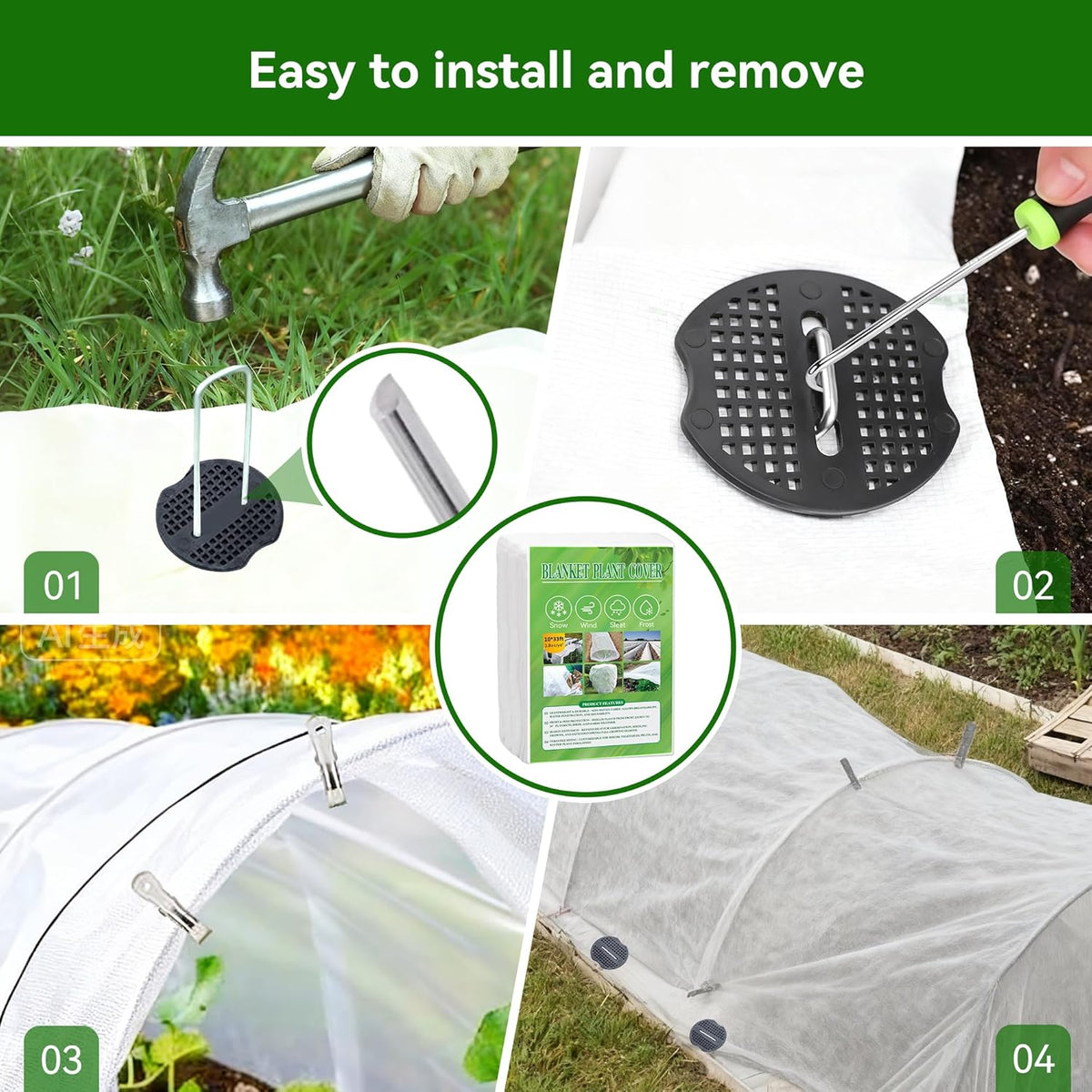 10 FT x 33 FT Plant Covers Freeze Protection kit - 1.8 oz/yd² Thickened Frost Cloths Blankets with Garden Row Cover Accessories for Outdoor Plants, Protect in Winter Cold/Sun Pests (White)