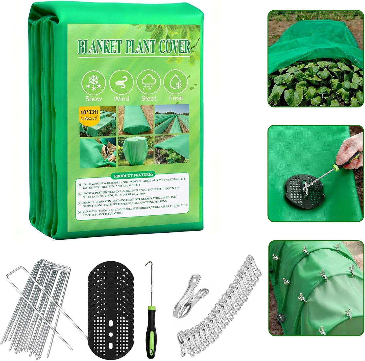 10 FT x 33 FT Plant Covers Freeze Protection kit - 1.8 oz/yd² Thickened Frost Cloths Blankets with Garden Row Cover Accessories for Outdoor Plants, Protect in Winter Cold/Sun Pests (White)