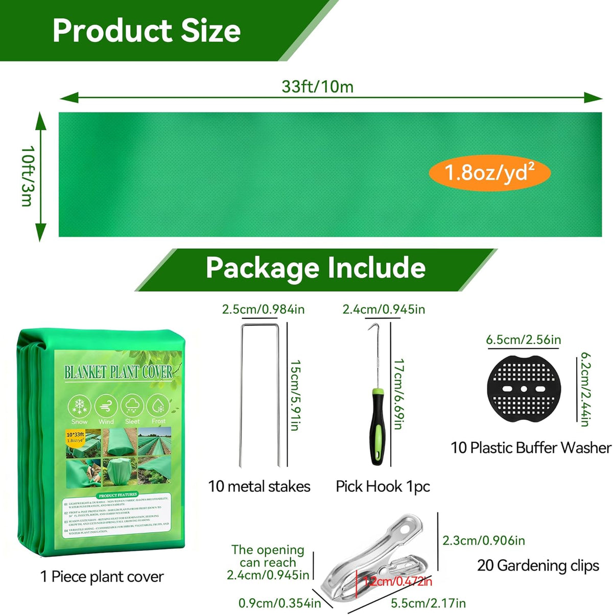 10 FT x 33 FT Plant Covers Freeze Protection kit - 1.8 oz/yd² Thickened Frost Cloths Blankets with Garden Row Cover Accessories for Outdoor Plants, Protect in Winter Cold/Sun Pests (White)