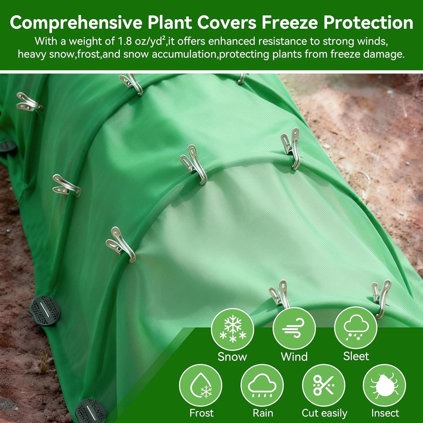 10 FT x 33 FT Plant Covers Freeze Protection kit - 1.8 oz/yd² Thickened Frost Cloths Blankets with Garden Row Cover Accessories for Outdoor Plants, Protect in Winter Cold/Sun Pests (White)