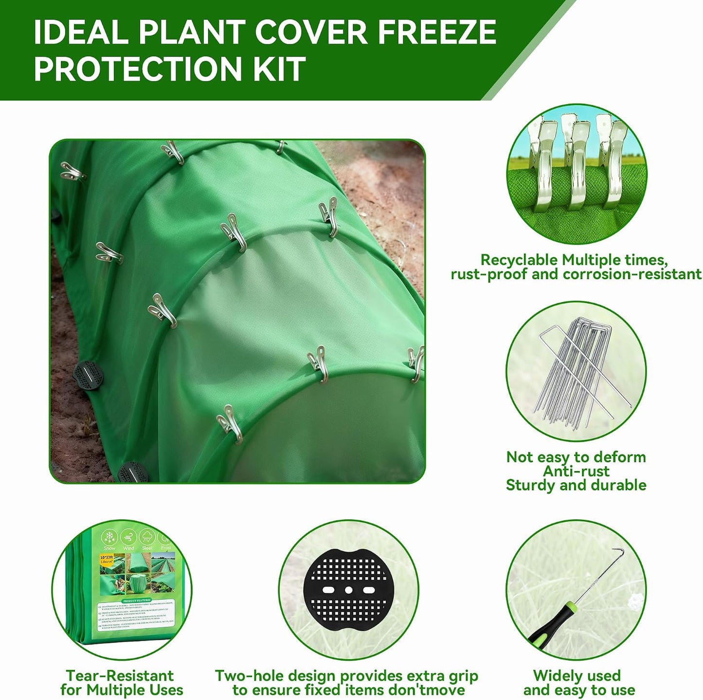 10 FT x 33 FT Plant Covers Freeze Protection kit - 1.8 oz/yd² Thickened Frost Cloths Blankets with Garden Row Cover Accessories for Outdoor Plants, Protect in Winter Cold/Sun Pests (White)